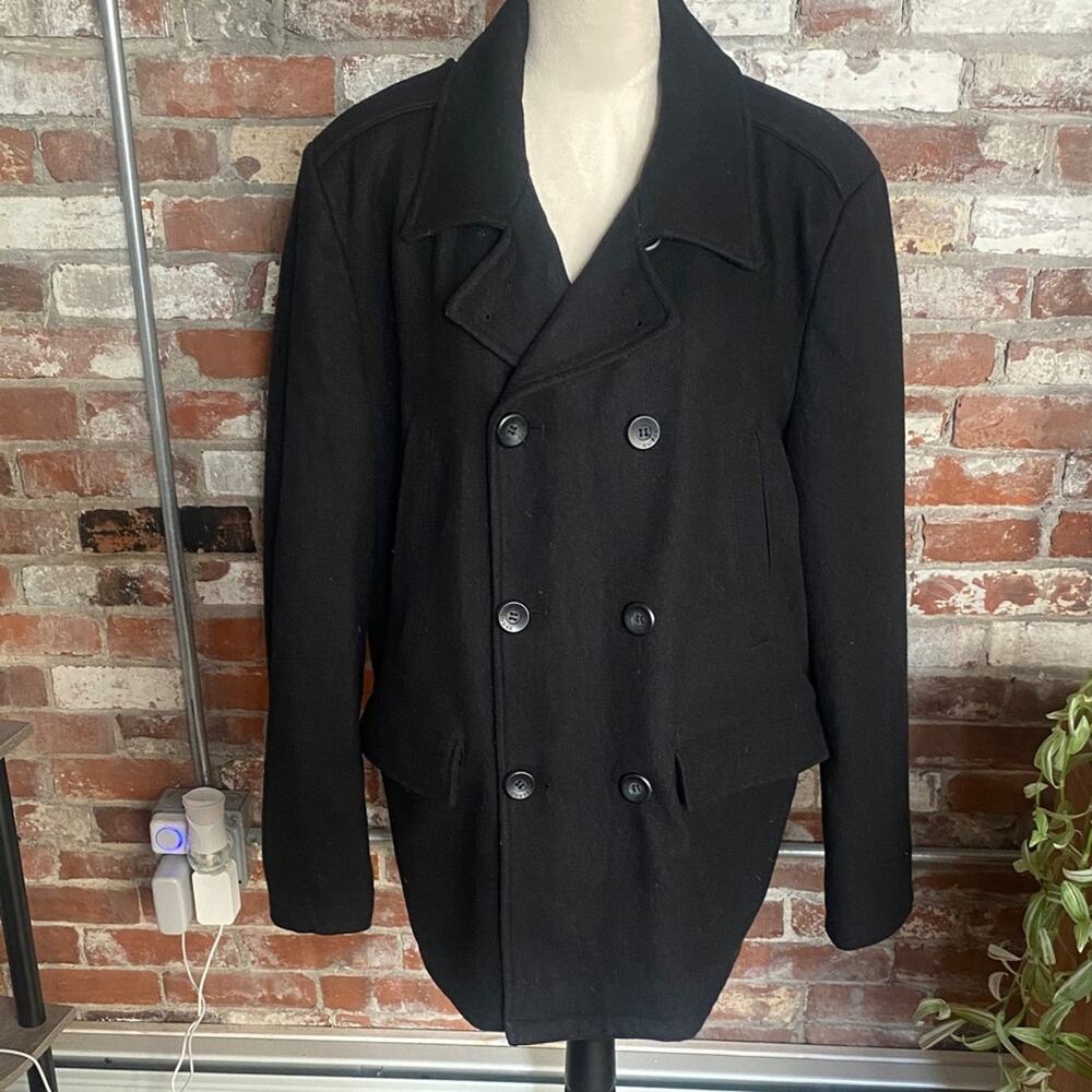 Guess Men's Black Double-Breasted Black Peacoat Button and Zipper Size XL